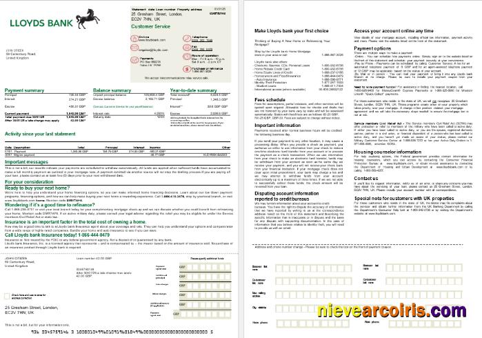 United Kingdom Lloyds bank mortgage statement, 2 pages